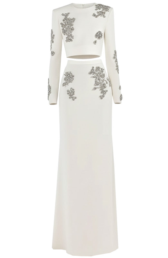 Long Sleeve Crystal Two Piece Maxi Dress White