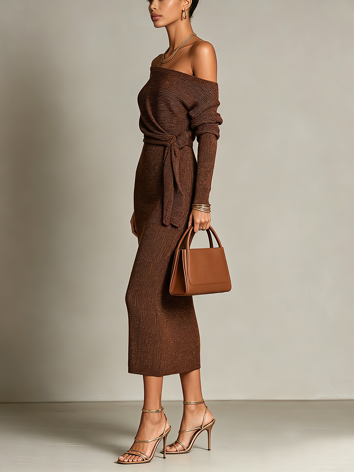 Brown Off Shoulder Tie Waist Midi Knit Dress