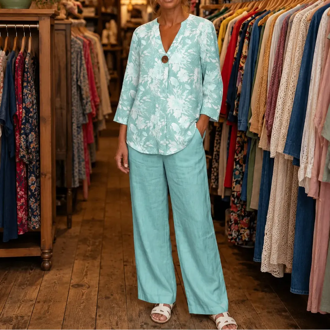 Marelle – Women's V-neck floral tunic and wide-leg pants 2-piece set