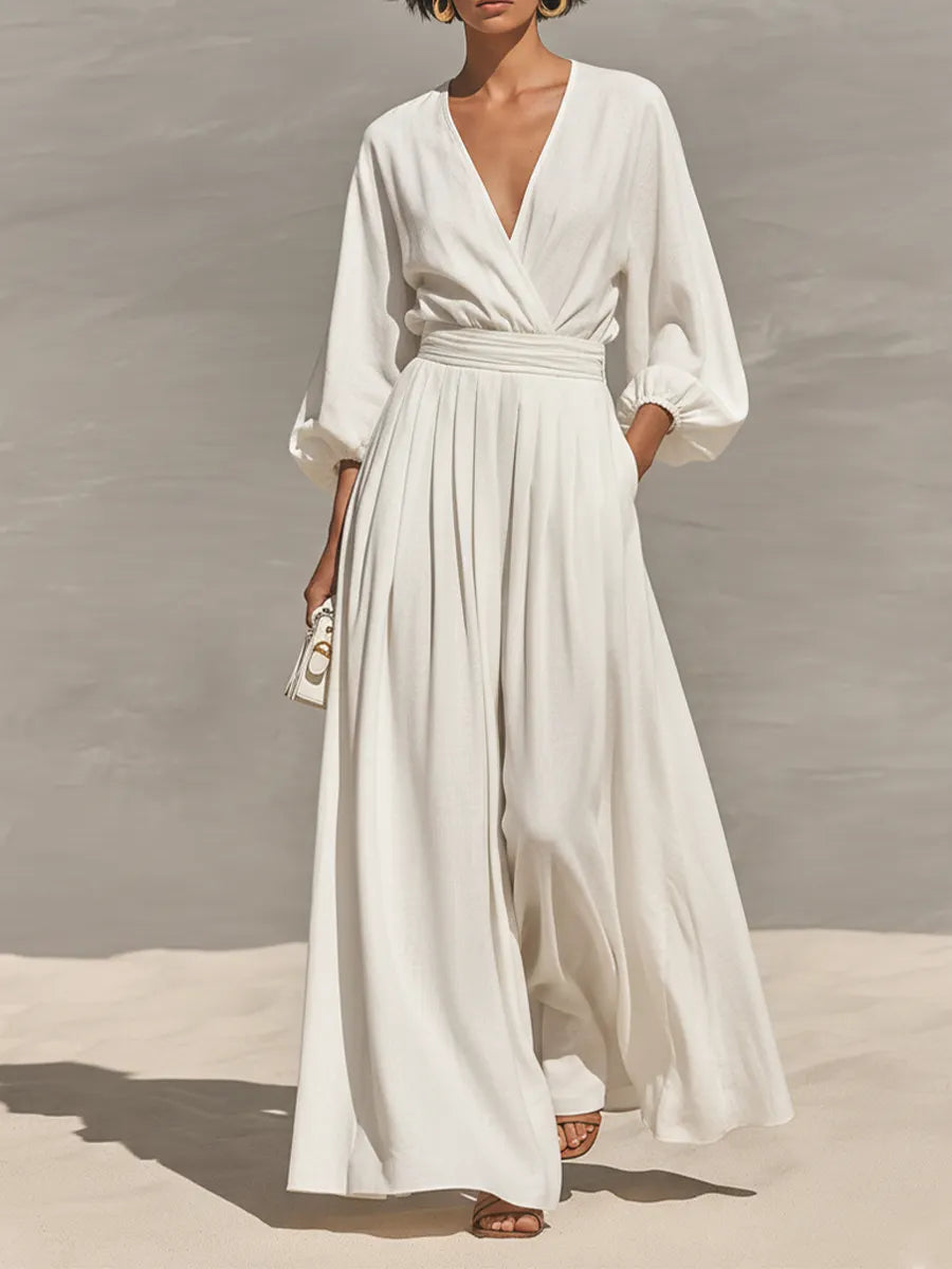Women's White Linen Blend Wide Leg Jumpsuit With Wrap V Neck Puff Three Quarter Sleeves & High Waist Pleated Trousers, Minimalist Resort Floor Length Jumpsuit MDZ1611G6LYL