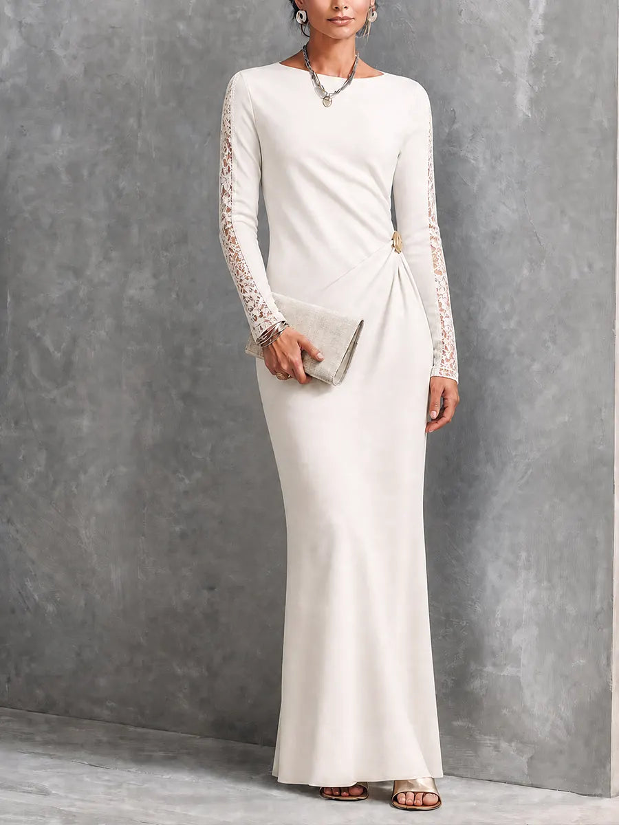 Women's Elegant Ivory Knit Cotton Blend Lace Sleeve Ruched Waist Maxi Dress MDZ2432G5GMJ