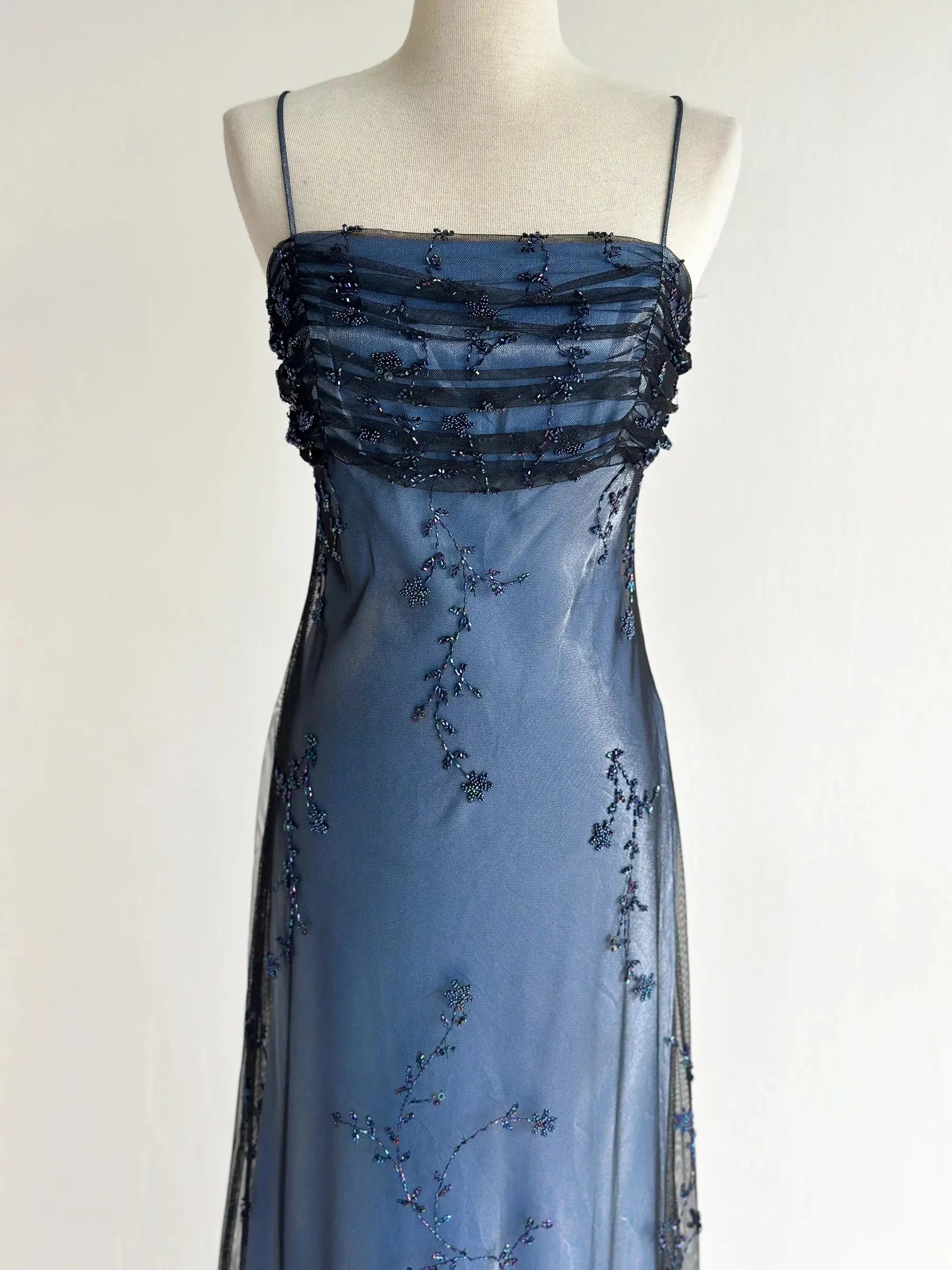 Navy Blue Tulle Beaded-Embroidered Sleeveless Floor-Length Vintage Gown