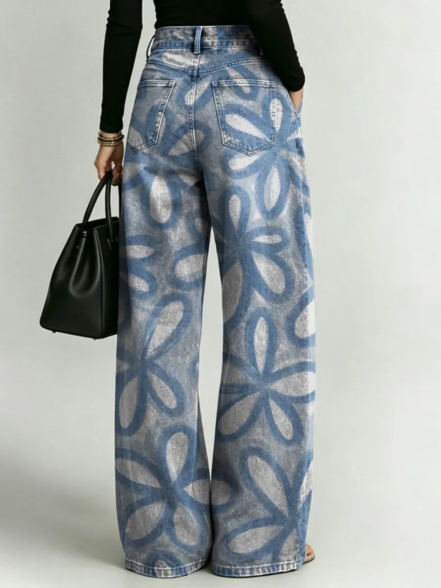 Women's Retro Pattern Printed Stylish Cutout Casual Denim Jeans