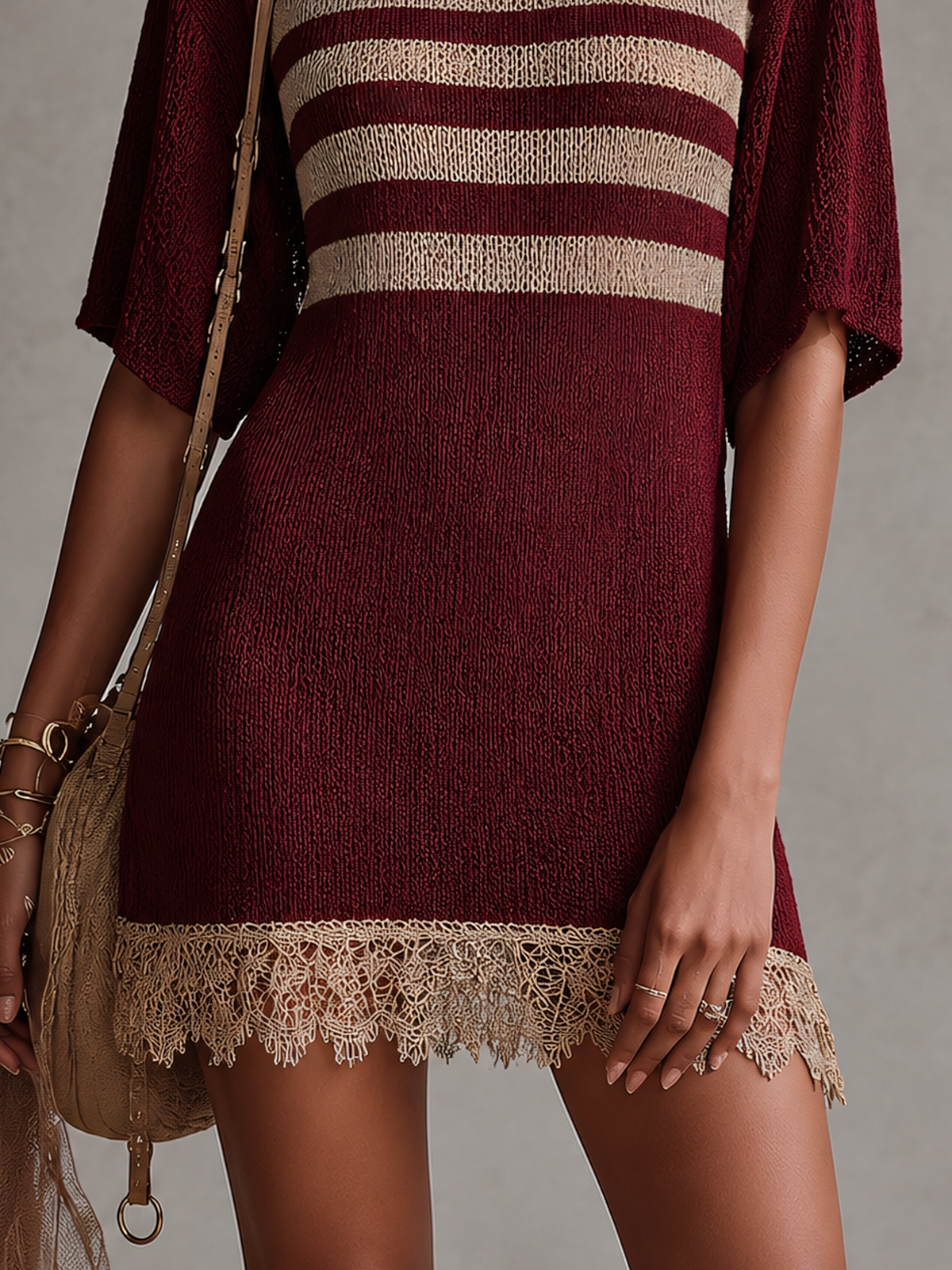 Wine Red Knit Mini Dress With Beige Lace Hem And Striped Panel