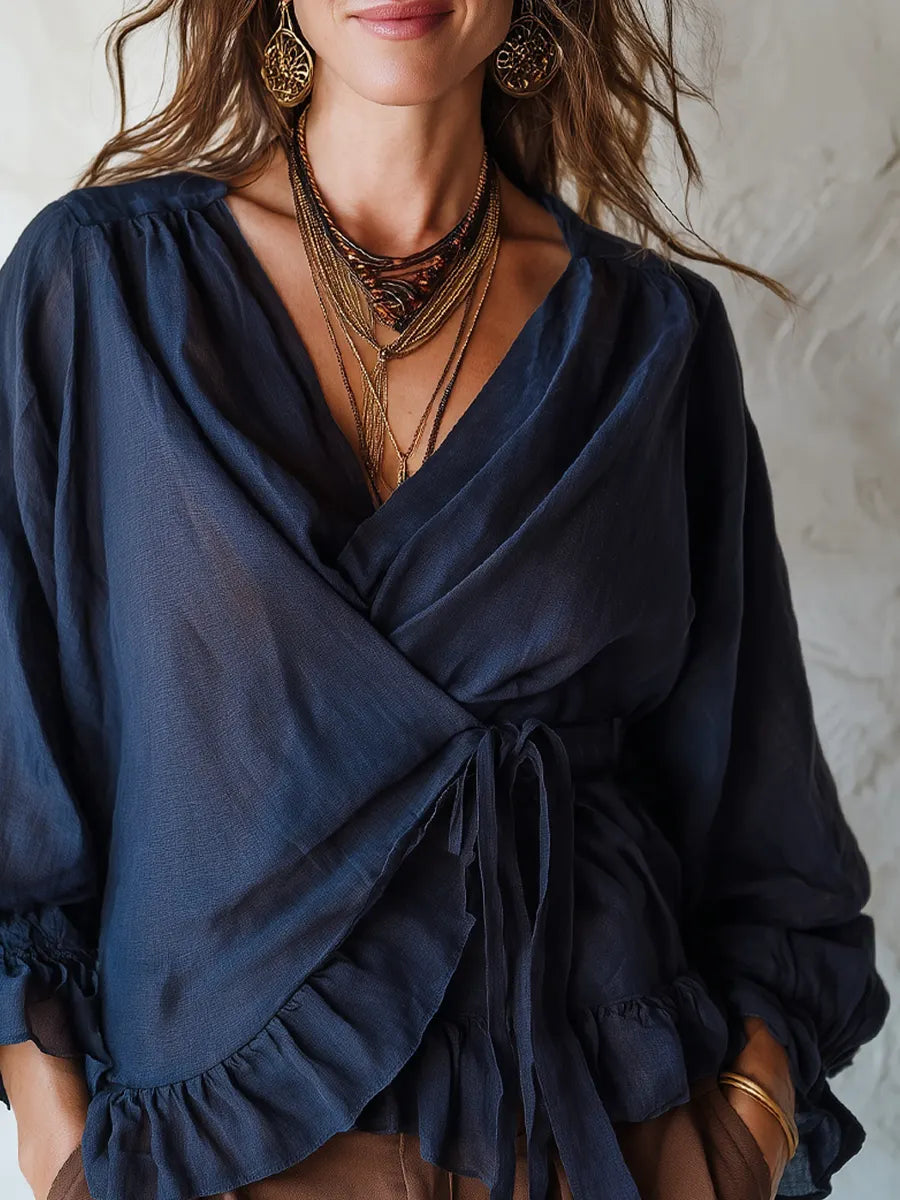 Bohemian Midnight Blue Cotton Linen Ruffle Shirt
