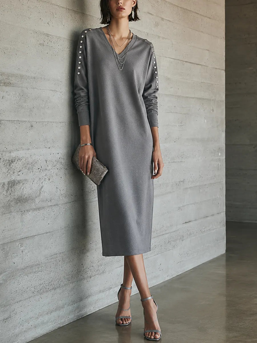 Women's Casual Chic Heather Gray Knit Cotton Blend V-Neck Studded Shoulder Loose Midi Dress MDZ1609G8GMJ