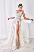 Embroidered bodice chiffon wedding dress