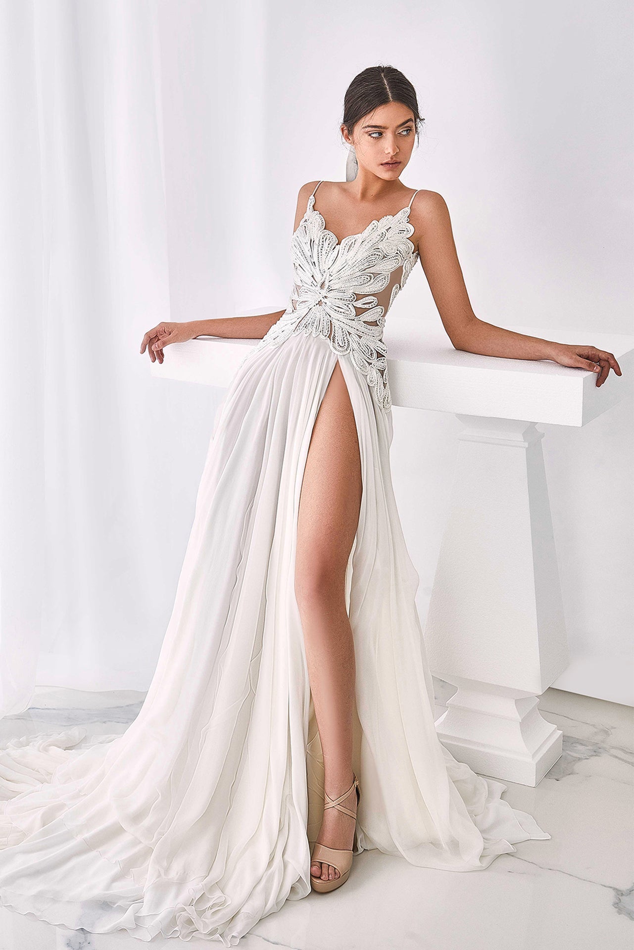 Embroidered bodice chiffon wedding dress