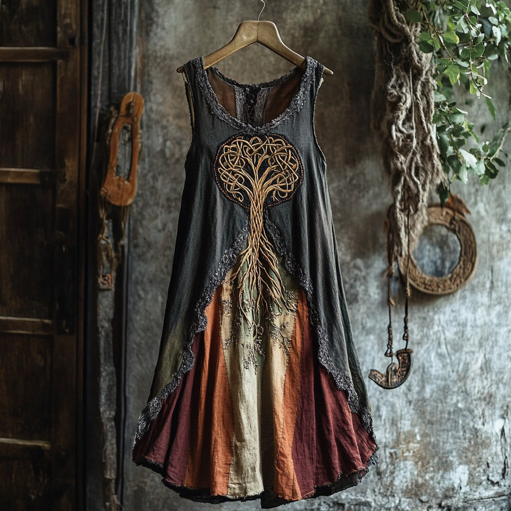 Tribal Celtic Knot Life Of Tree Lace Contrast Color Art Linen Tank Dress