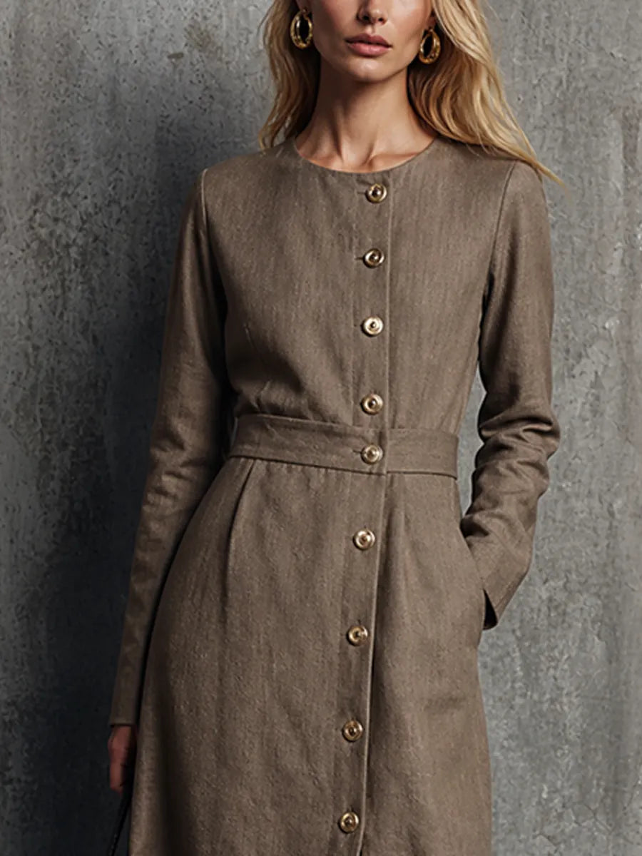 Women's Light Luxury Style Brown Cotton Linen Round Neck Long Sleeve Single-Breasted Slit Midi Dress MDZ0609G3GMJ