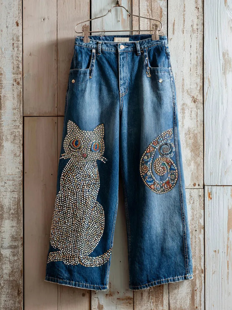 Casual Cute Diamond Cat Vintage Jeans