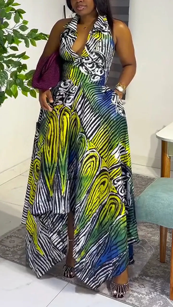 Women Collar Sleeveless Printed Irregular Elegant Temperament Dress