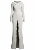 Long Sleeve Crystal Maxi Dress Light Grey