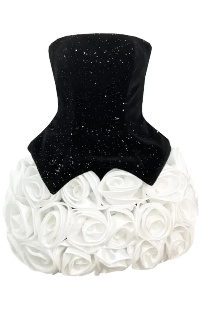 Sparkly Strapless Floral Corset Dress Black White