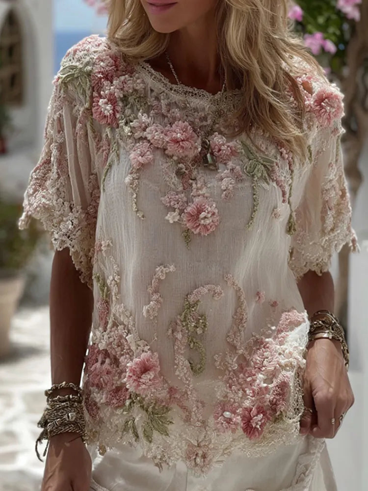 Women's Embroidered Floral Vine Short-sleeve Linen Blend T-shirt