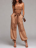 Boho Strapless Shirred Lace-Paneled Balloon Jumpsuit