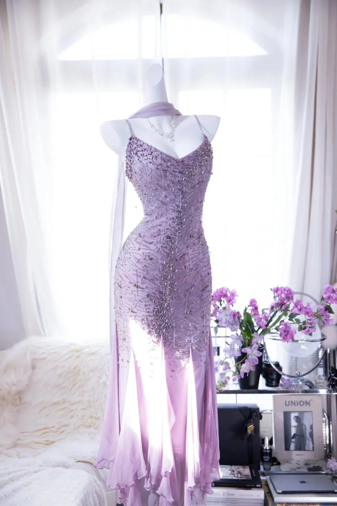 Lit Purple Elegant Romantic Exquisite Beaded Long Chiffon Ball Gown Evening Dress Birthday/Wedding Guest/Holiday Party Dress Prom Dress
