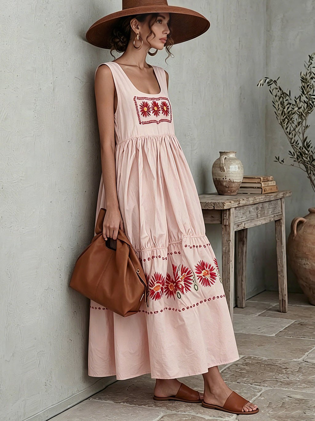 Pink Floral Print Sleeveless Maxi Dress