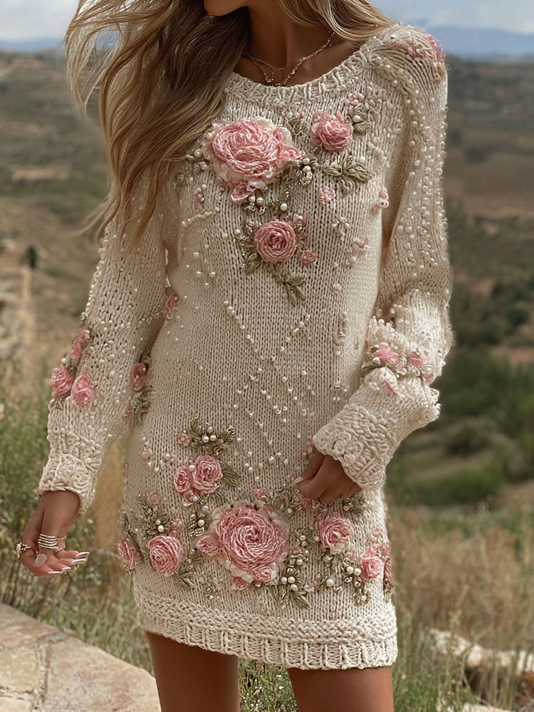 Women's Vintage Rose Art Cozy Knit Mini Sweater Dress