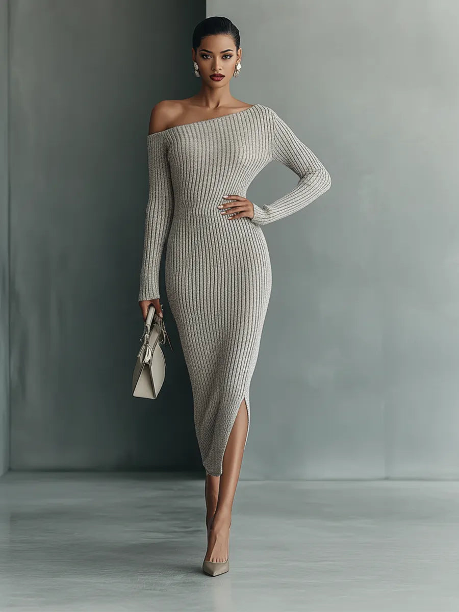 Women's Gray One-shoulder Knitted Dress MDA0233I9T