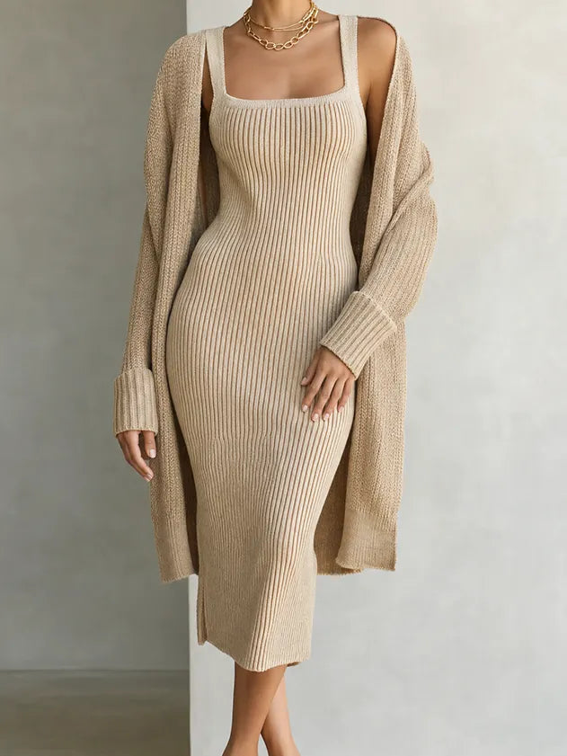 Women's Elegant Oatmeal Beige Ribbed Knit Square Neck Sleeveless Midi Dress And Longline Cardigan Two-Piece SetMDZ2136G1ZSQ