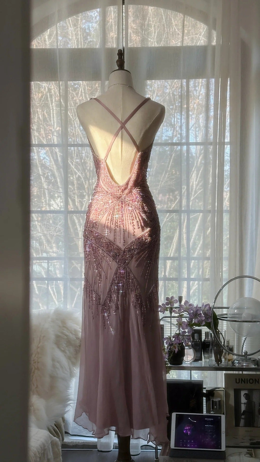 Pink Purple Romantic Fashion Elegant Exquisite Beaded Spaetti Strap Long Tulle Chiffon Ruffle Ball Gown Evening Gown Party Dress 4059