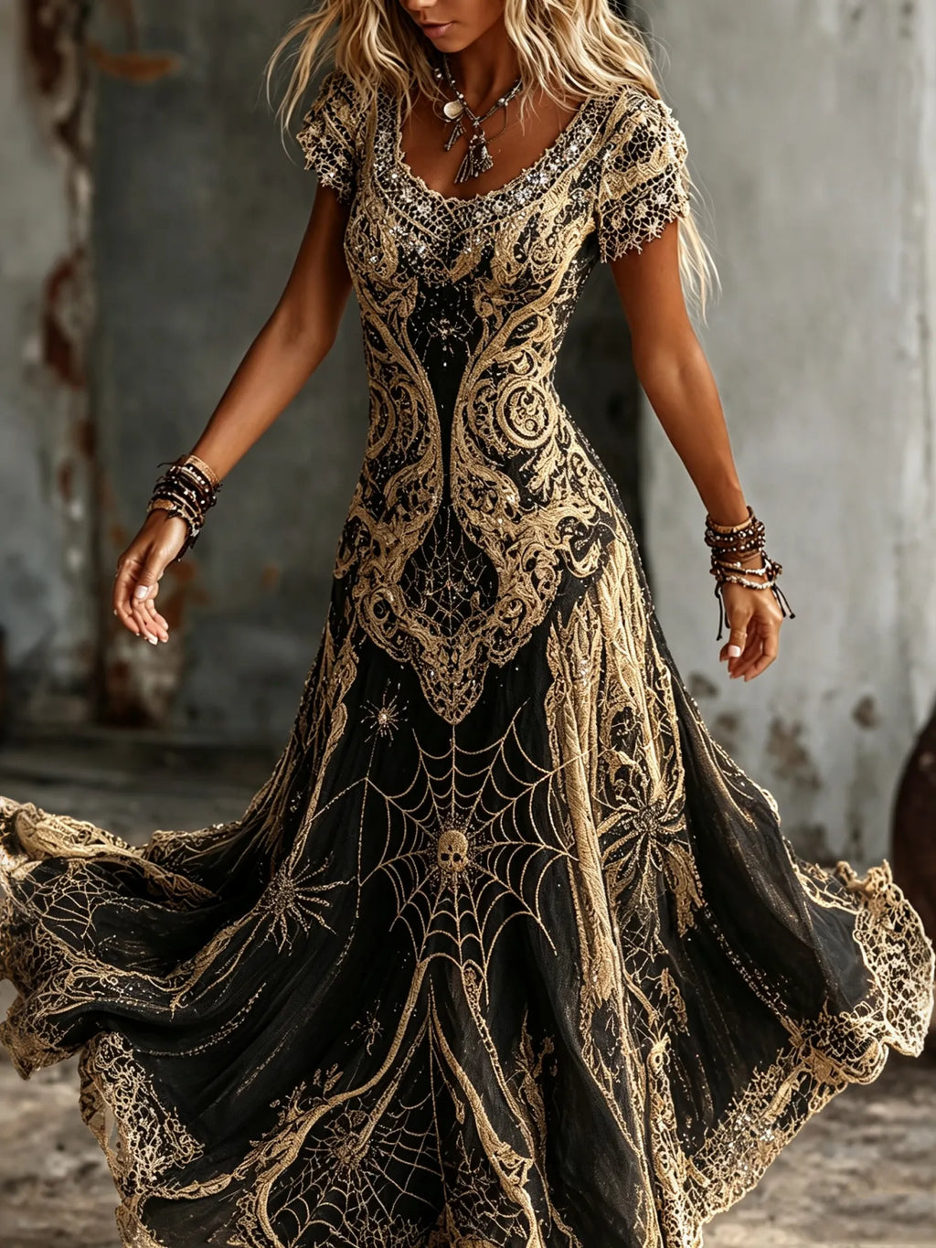 Women's Vintage Spider Web Art V-neck Short Sleeve Casual Maxi Dress