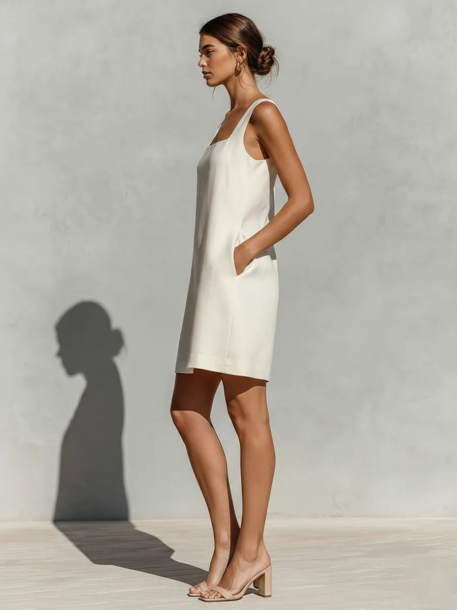 Women's Cream White Linen Mini Dress With Square Neck & Sleeveless Design, Timeless Minimalist-Elegant Style Dress MDZ0168D1I
