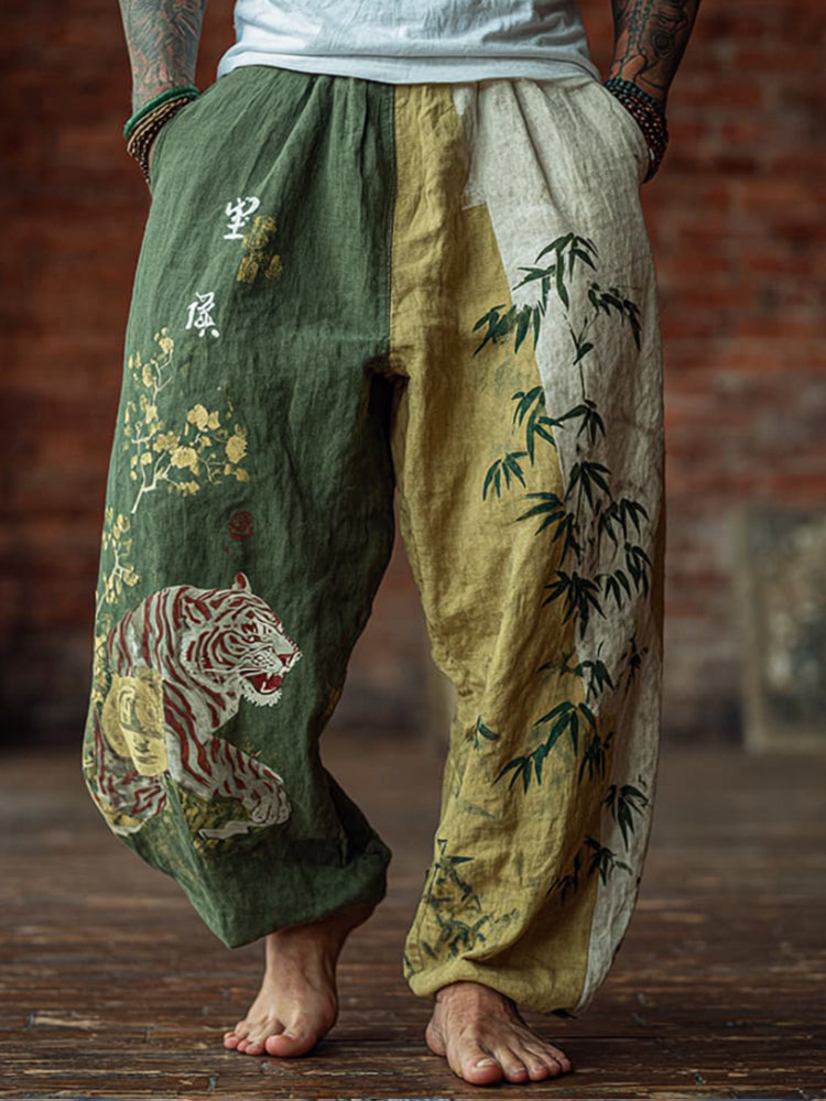 Men's Bamboo Forest Tiger Print Art Linen-blend Casual Pants
