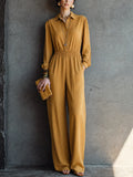 Women's Elegant Mustard Yellow Cotton Blend Button-Front Elastic Waist Wide-Leg Jumpsuit MDZ2276G9GMJ