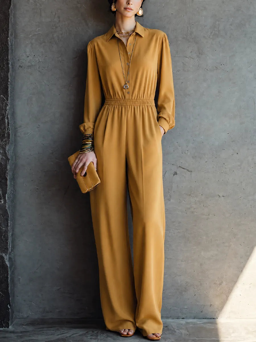 Women's Elegant Mustard Yellow Cotton Blend Button-Front Elastic Waist Wide-Leg Jumpsuit MDZ2276G9GMJ