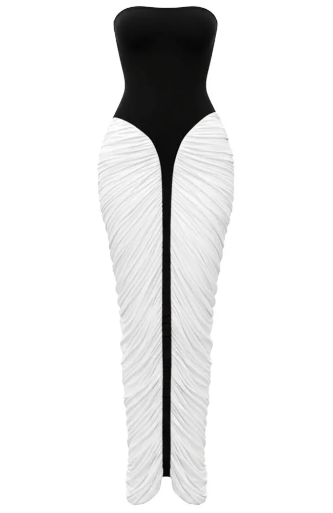 Strapless Draped Corset Maxi Dress Black White