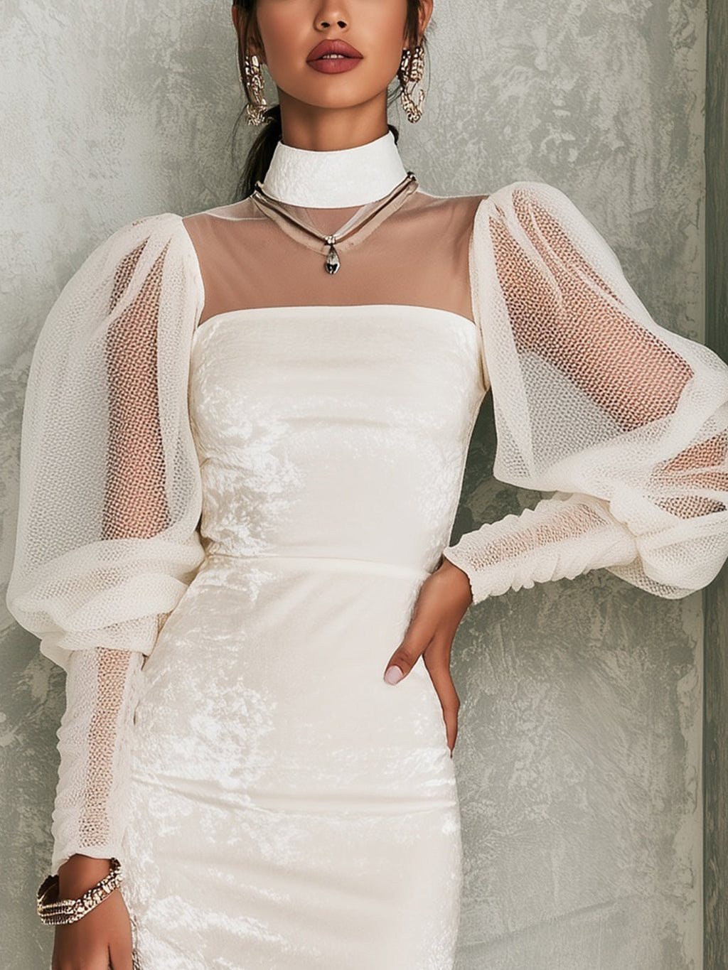Ivory Velvet Mesh Sleeve Mock Neck Midi Dress