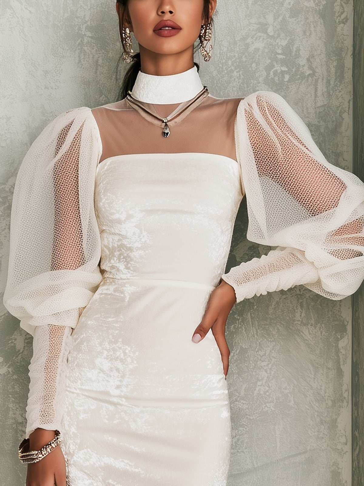 Ivory Velvet Mesh Sleeve Mock Neck Midi Dress