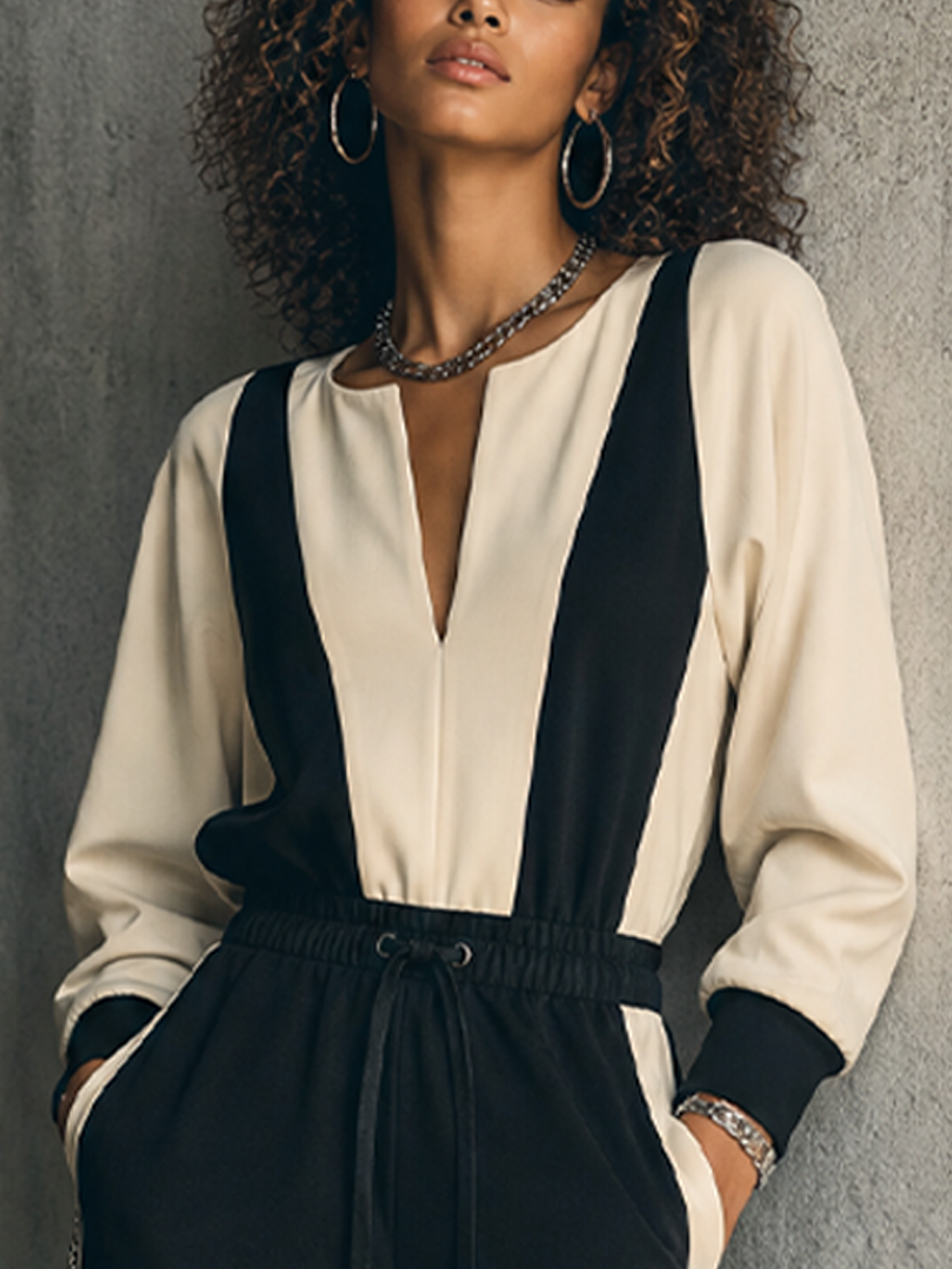 Women's Casual Sporty Black And White Knitted Cotton Blend Color Block Drawstring Waist Wide Leg Full Length Jumpsuit MDZ1360G4GMJ