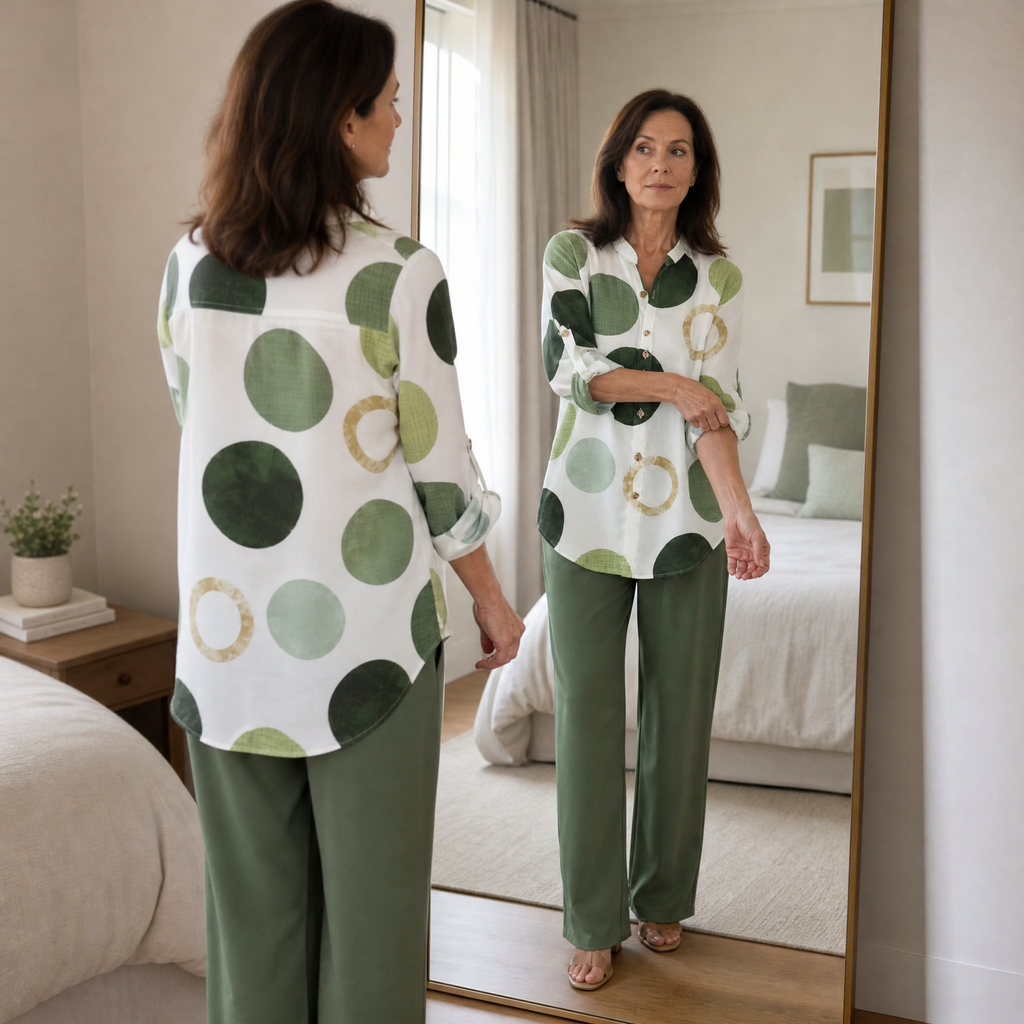 Monica – Women's Abstract Print 2-Piece Set, Blouse and Wide-Leg Trousers