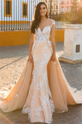 Daisda Sweetheart Lace Appliques Cap Sleeves Overskirt Mermaid Wedding Dress