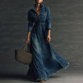 Stylish Stand Collar Washed Raw Hem Maxi Dress