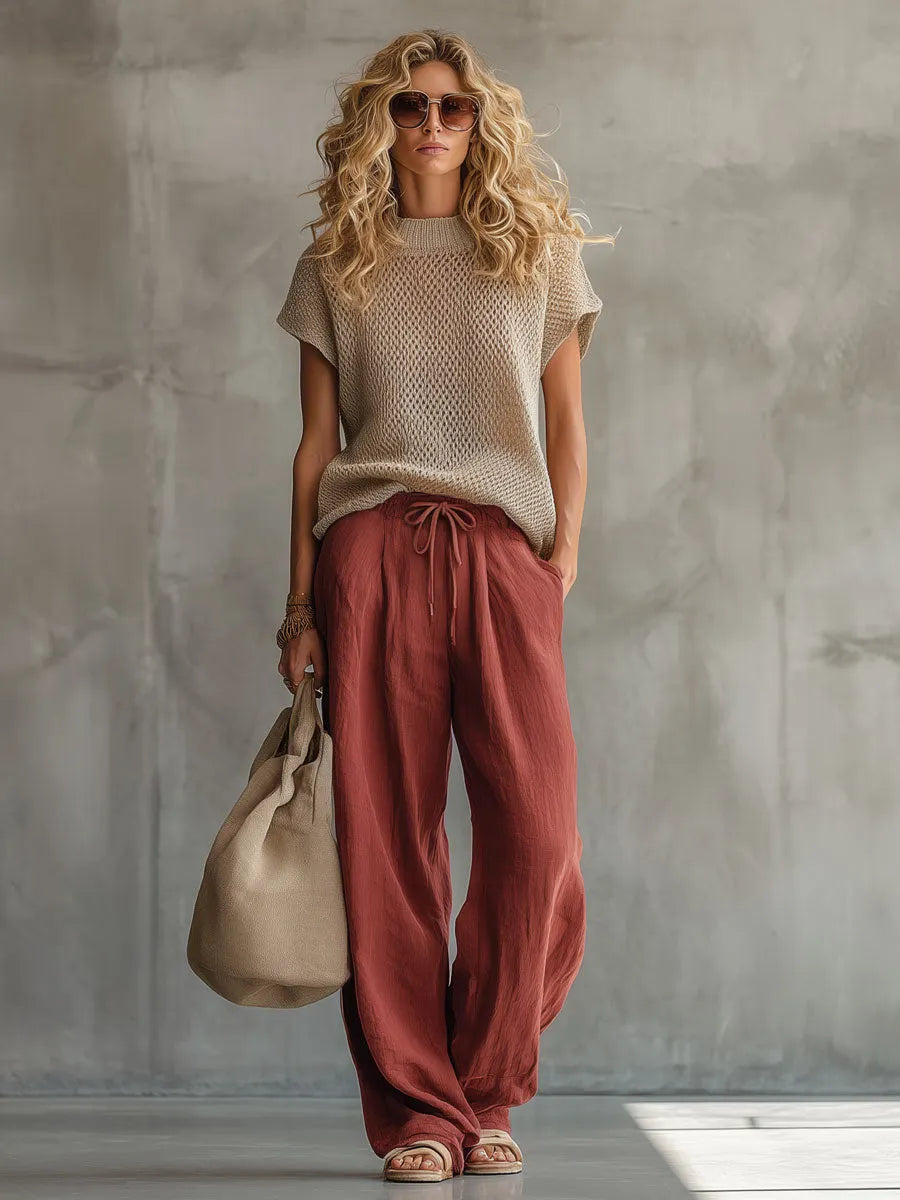 Retro Short-sleeved Knit Top And Brick Red Cotton Linen Wide-leg Pants Set