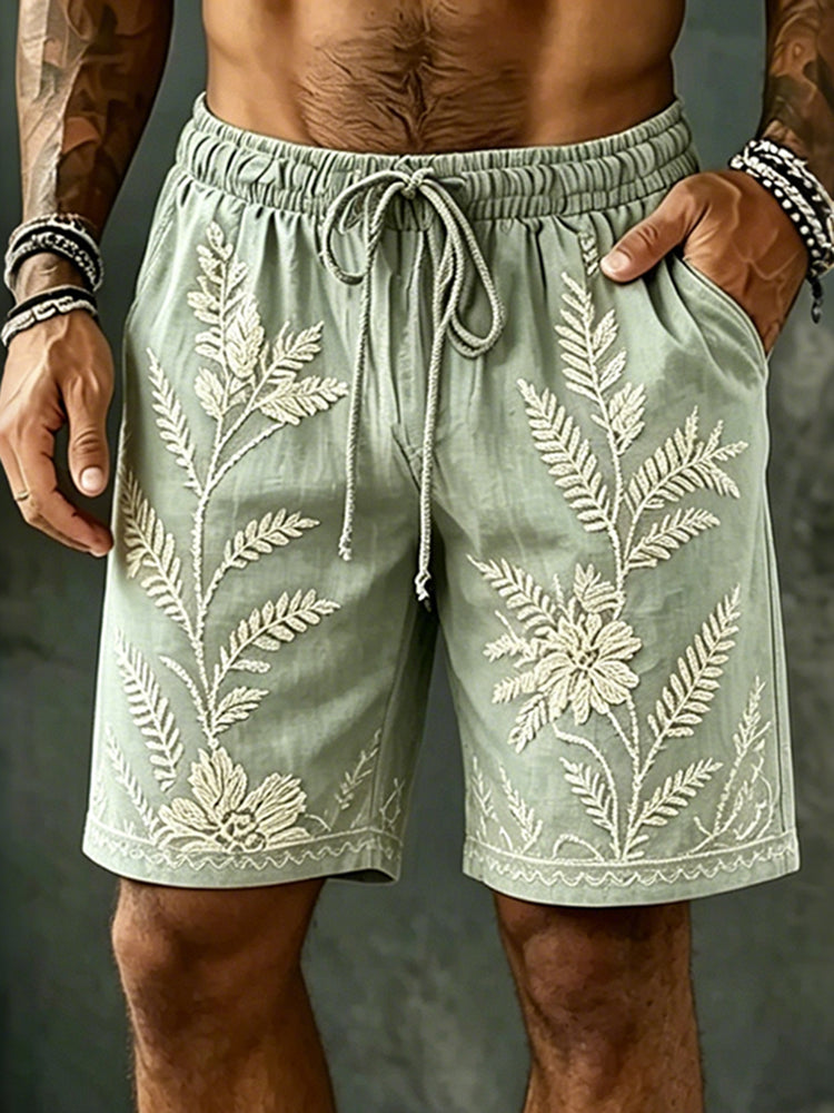 Men's Spring Floral Embroidered Art Print Flowy Linen Blend Casual Shorts