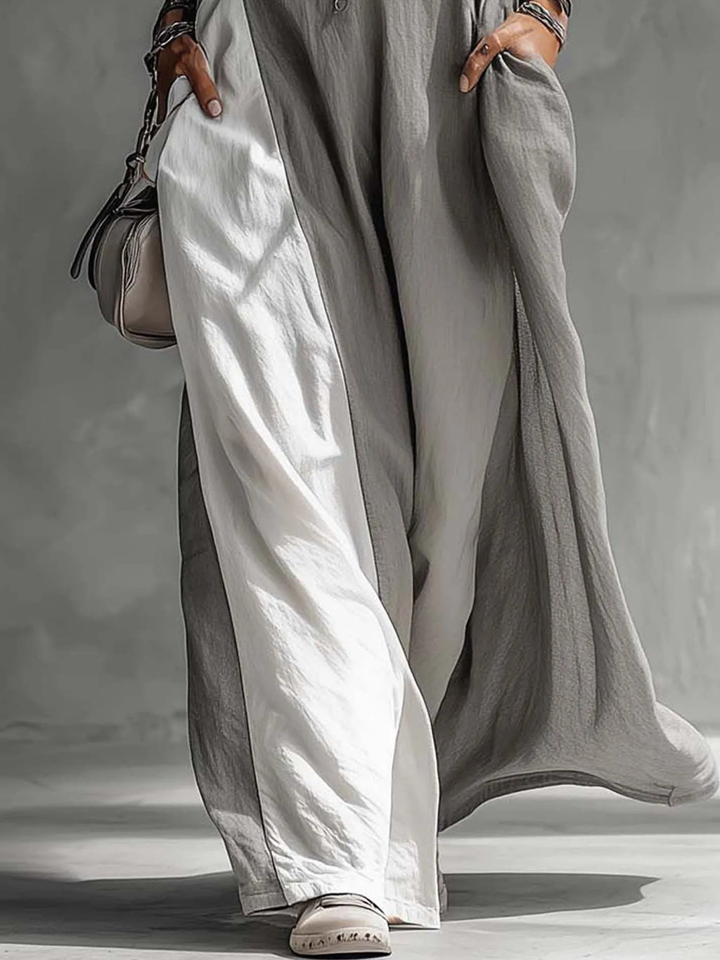 Color-blocked Gray Sleeveless Polyester Cotton Linen Maxi Dress