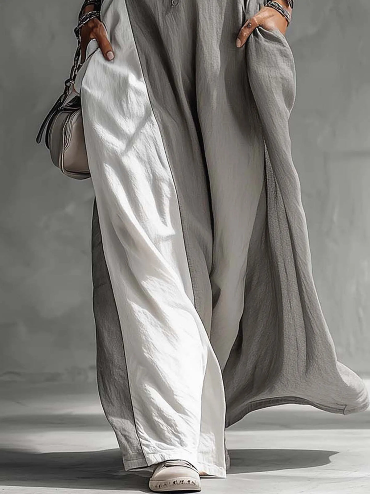Color-blocked Gray Sleeveless Polyester Cotton Linen Maxi Dress