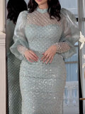 Paneled Shiny Long Sleeves V-neck Maxi Dresses