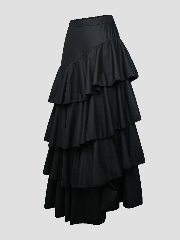 A-Line High Waisted Falbala Solid Color Long Skirts Skirts Bottoms