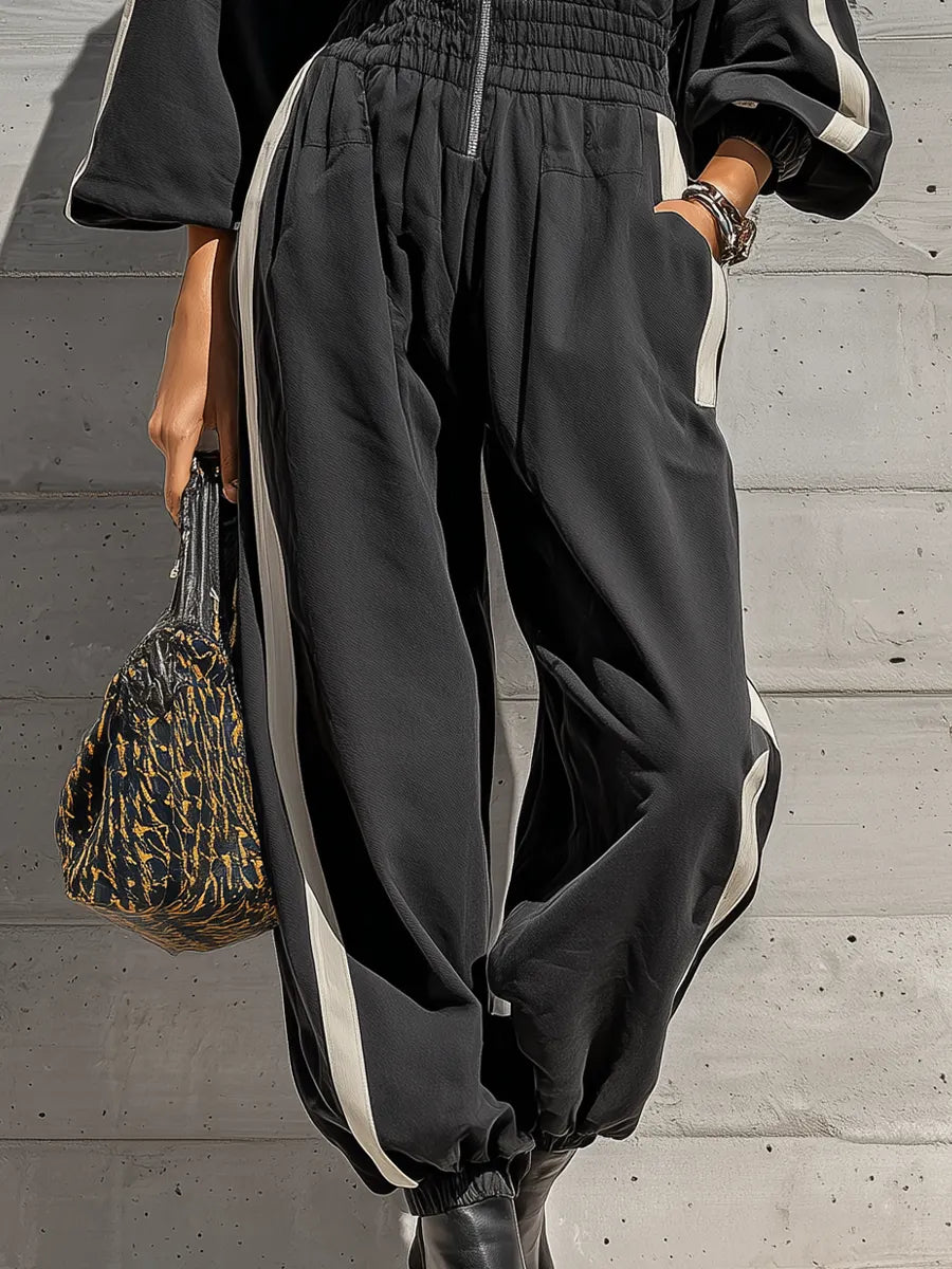 Women's Black White Stripe Washed Cotton Oversized Long Sleeve High Neck Zip Front Elastic Cuff Jogger Jumpsuit MDZ1429G0YZJ