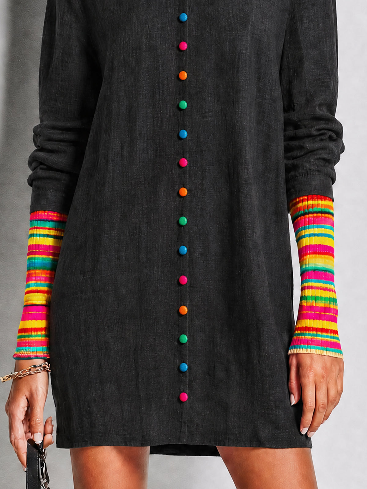 Black Rainbow Button Shift Mini Dress With Contrast Knit Cuffs