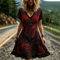 Gothic Red Web Spider Bat Embroidery Midi Dress