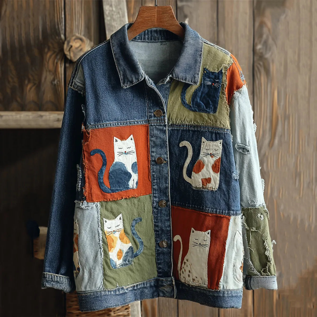 Women's Casual Cute Patchwork Cat Pattern Denim Jacket