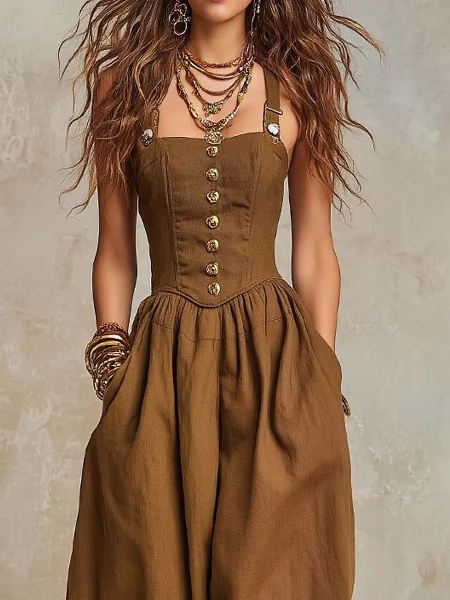 Bohemian  Cotton-Linen Corset Balloon-Leg Jumpsuit
