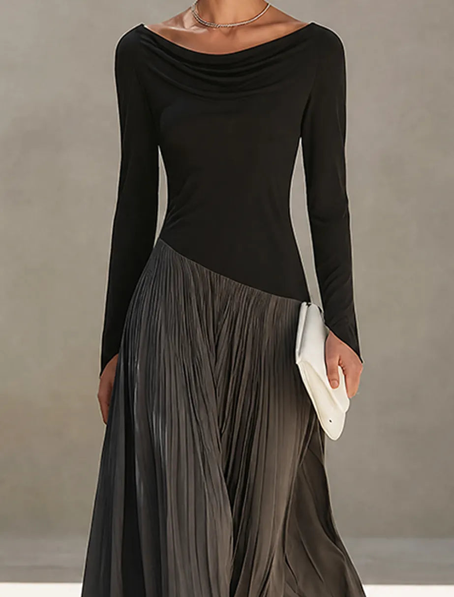Women's Minimalist Two-Tone Color-Block Maxi Dress With Drape Neckline  MDZ0907G9ZRK